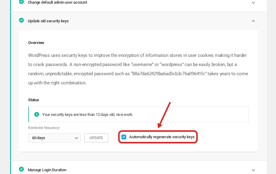 WP Defender Recommendations: the Update old security keys panel with Automatically regenerate security keys enabled and a 60-day reminder frequency
