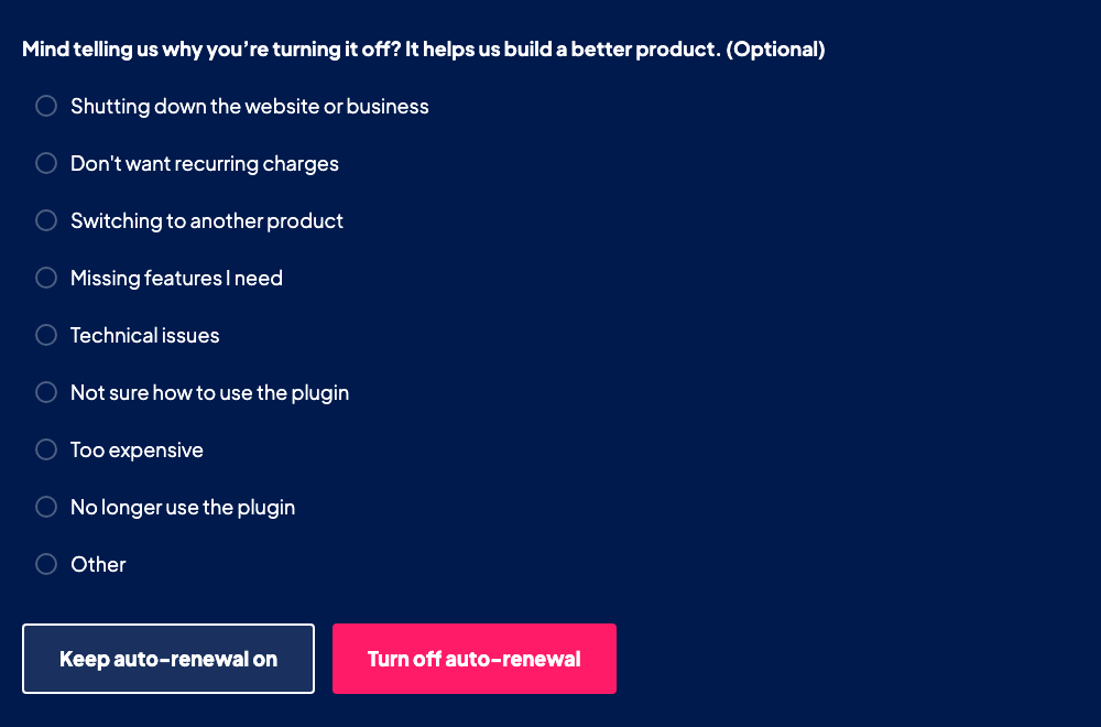 The optional reason question and the Keep auto-renewal on and Turn off auto-renewal buttons