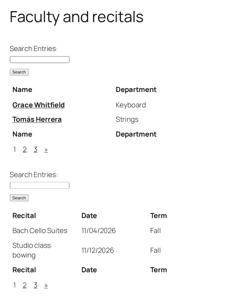 A page showing two Views, a faculty list and a recitals list, each with its own Search Bar and page links