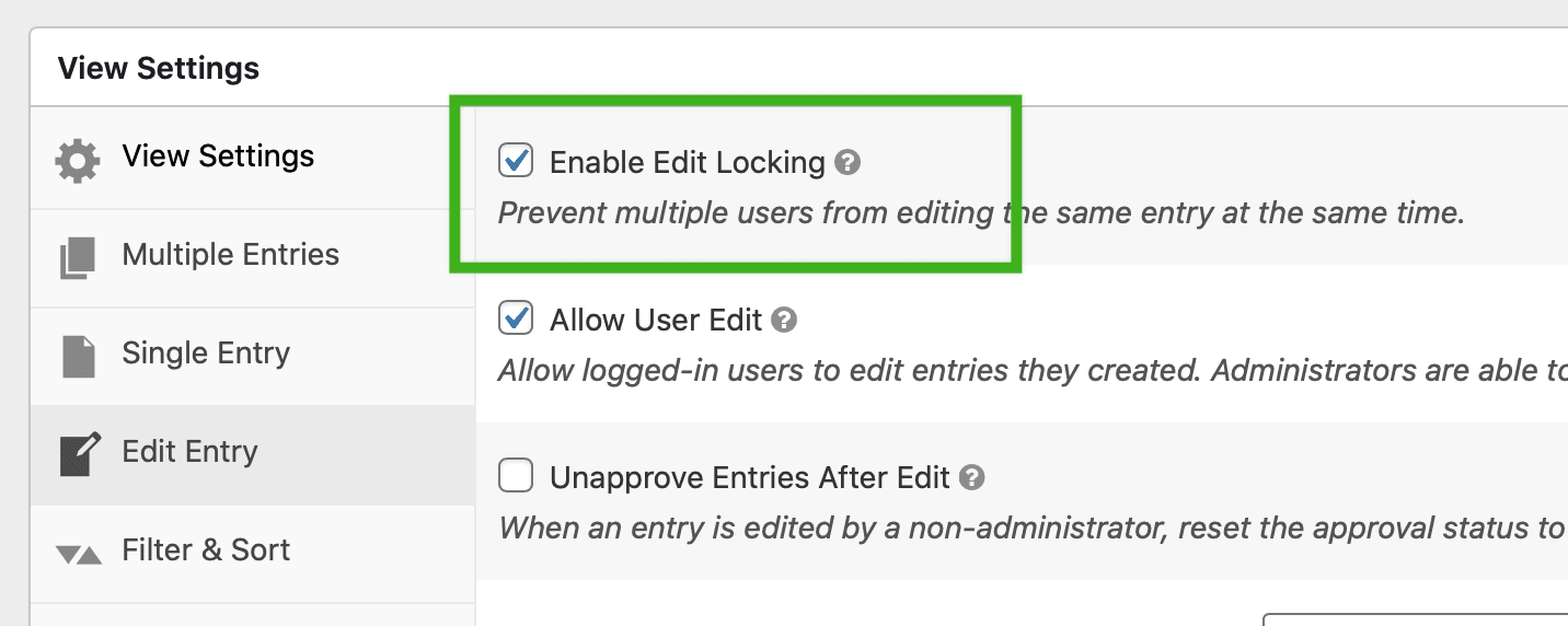 Screenshot of the Enable Edit Locking setting in GravityView View Settings box