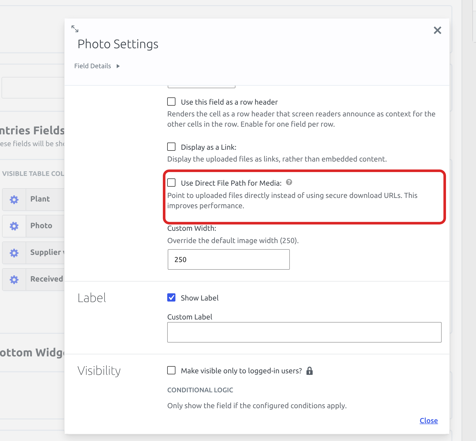 The settings of a File Upload field named Photo, with Use Direct File Path for Media outlined