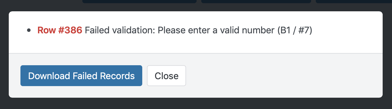 Error report modal, showing a list of import errors.