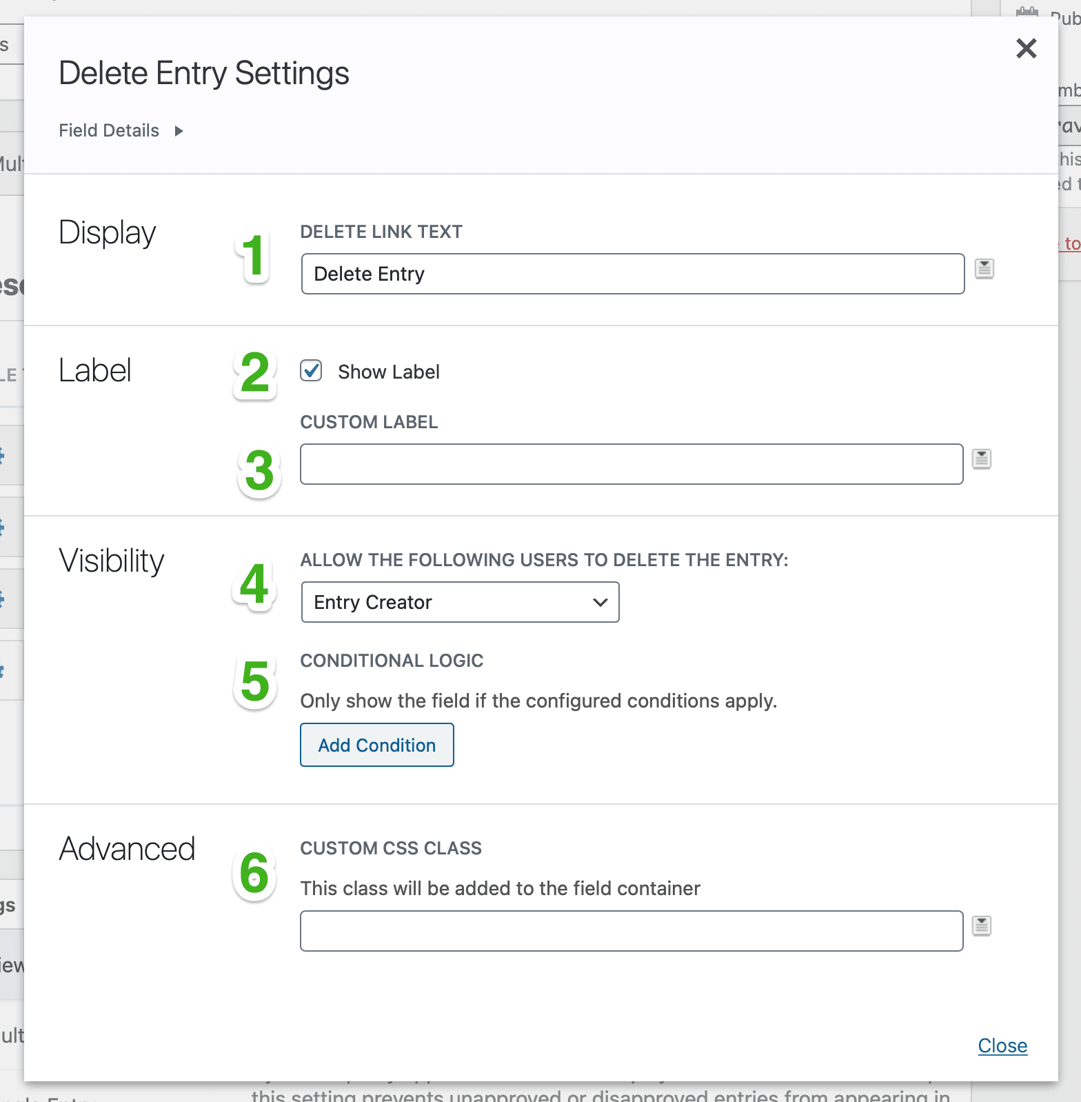 Delete Entry field settings with numbers placed over each of the settings