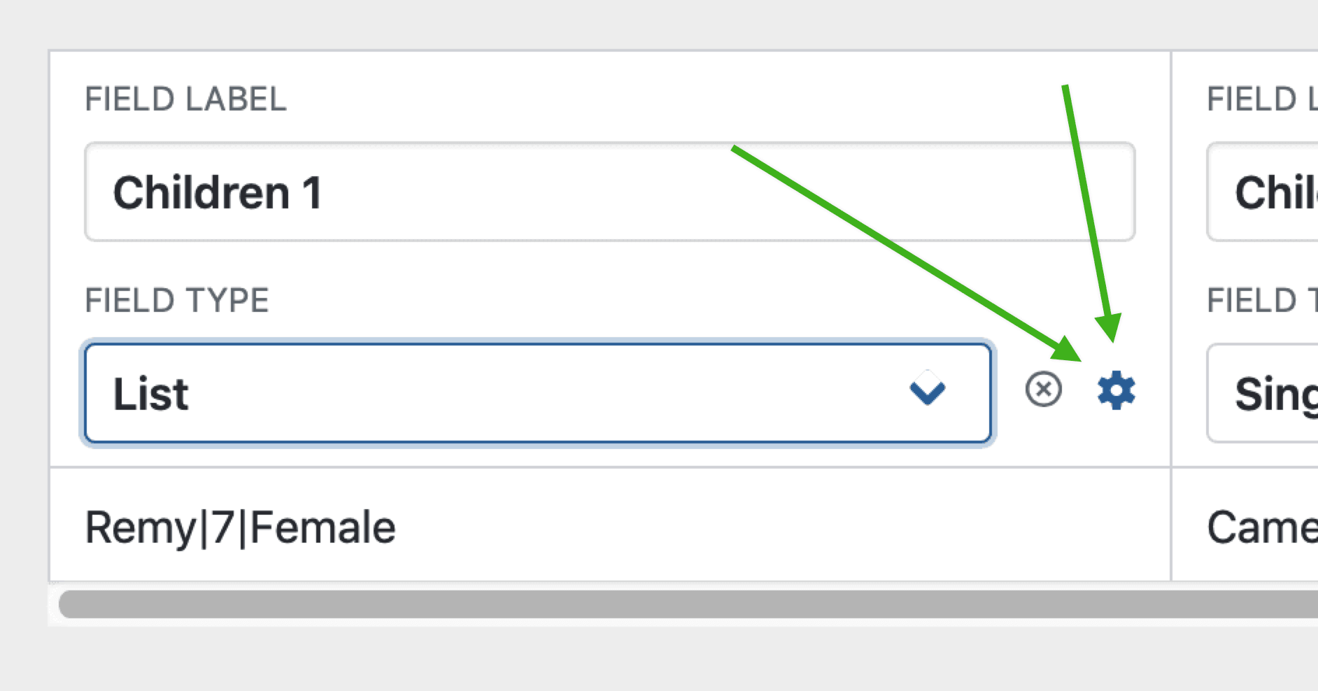 List field setup with "Children 1" label, dropdown for field type, and settings icon