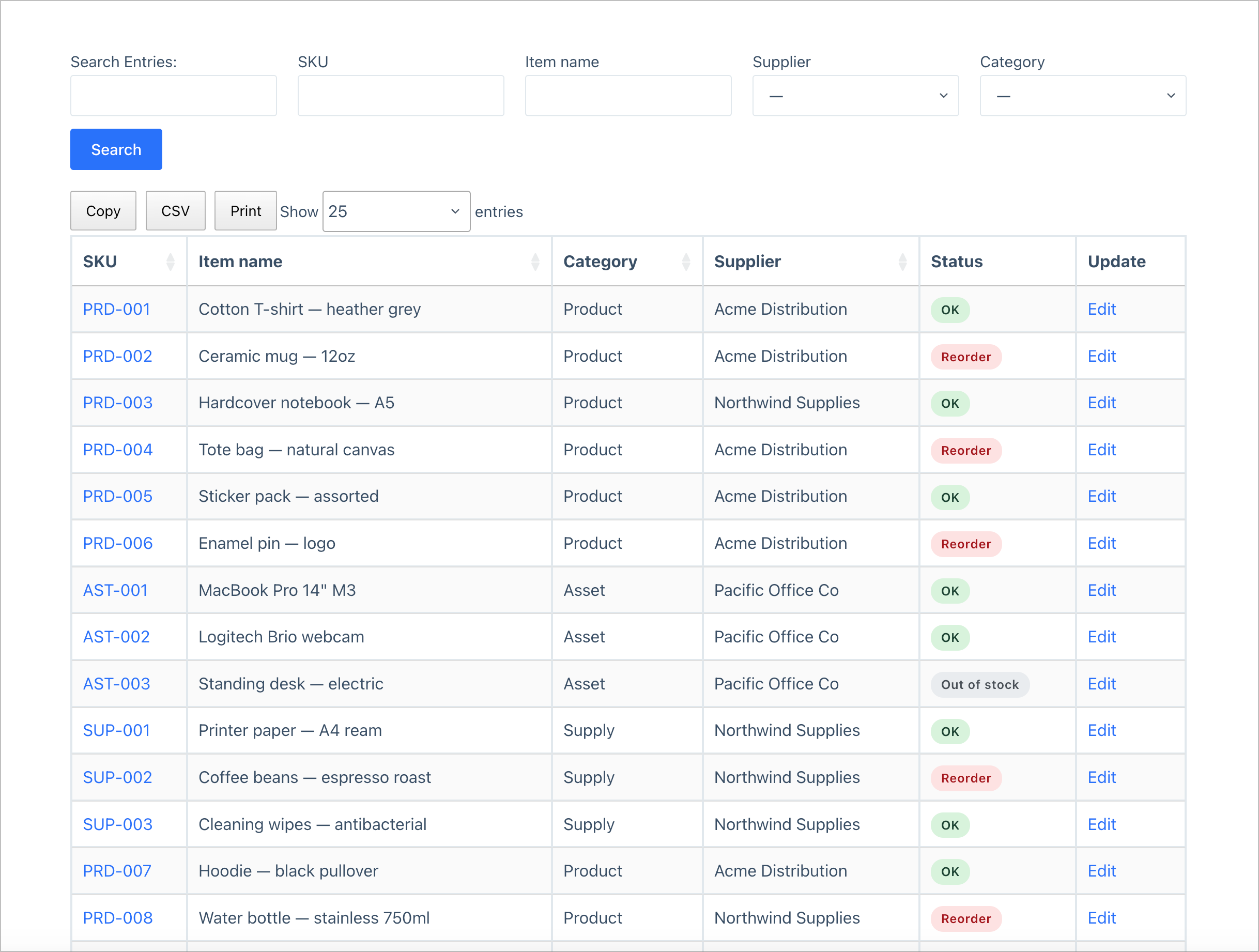 Main GravityView inventory listing with search, filters, and status badges