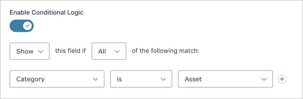 Gravity Forms field settings showing Conditional Logic enabled with "Show this field if All of the following match: Category is Asset"