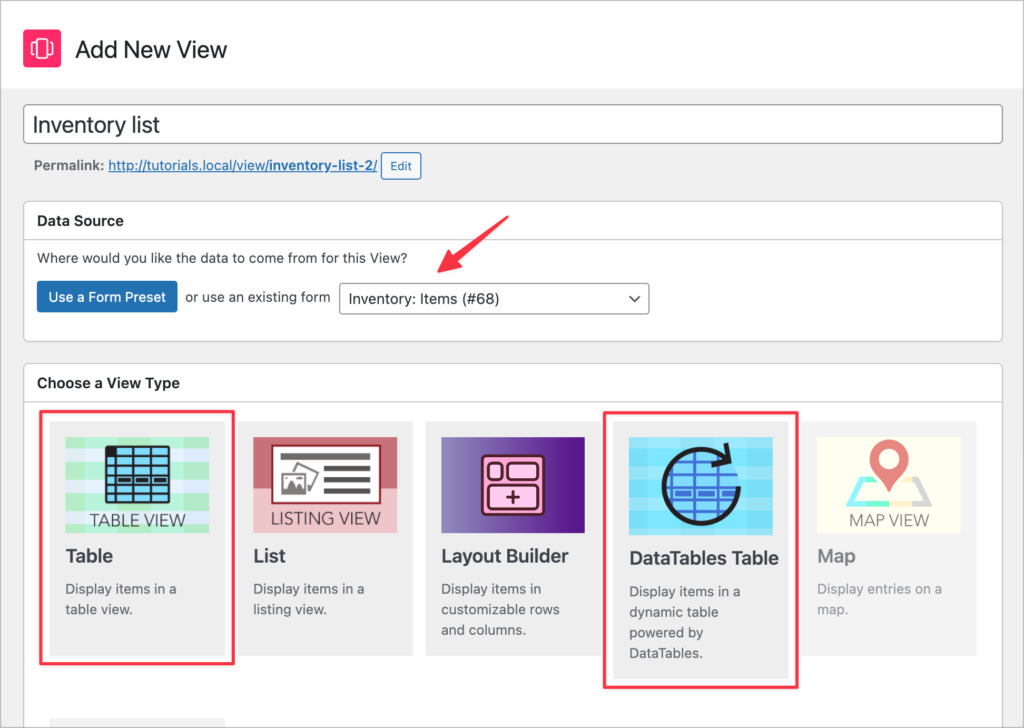 GravityView Add New View screen with Inventory list named, Inventory: Items form selected as the data source, and Table and DataTables Table view types highlighted