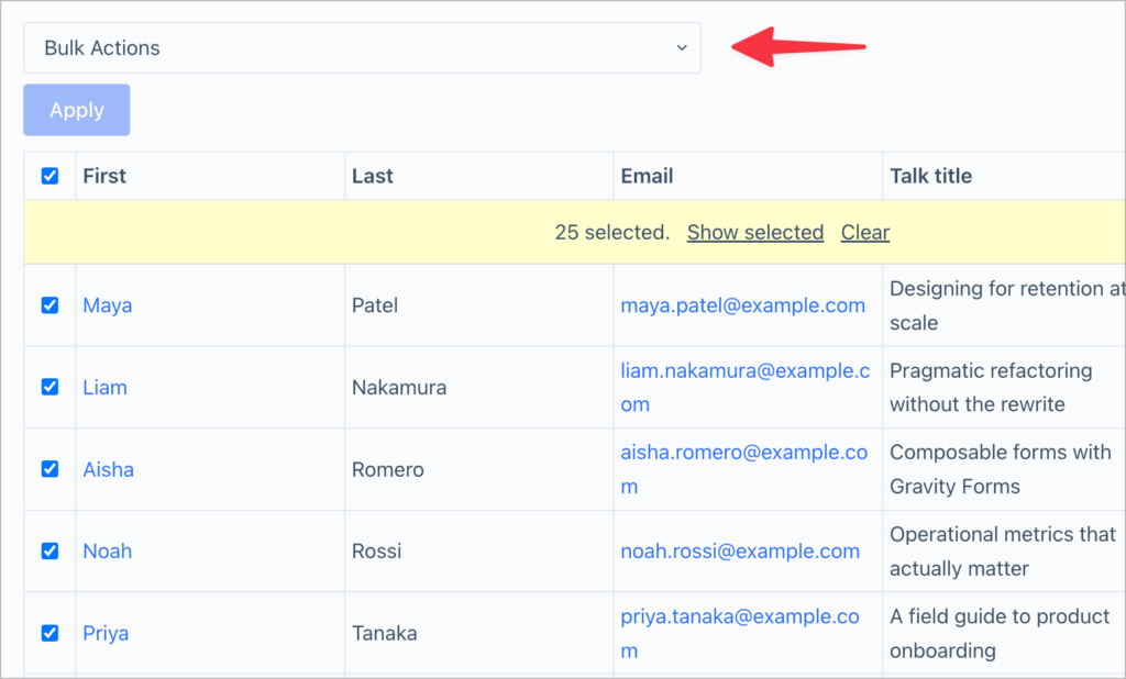 GravityView entries list with 25 rows selected and a red arrow pointing to the "Bulk Actions" dropdown above the table.