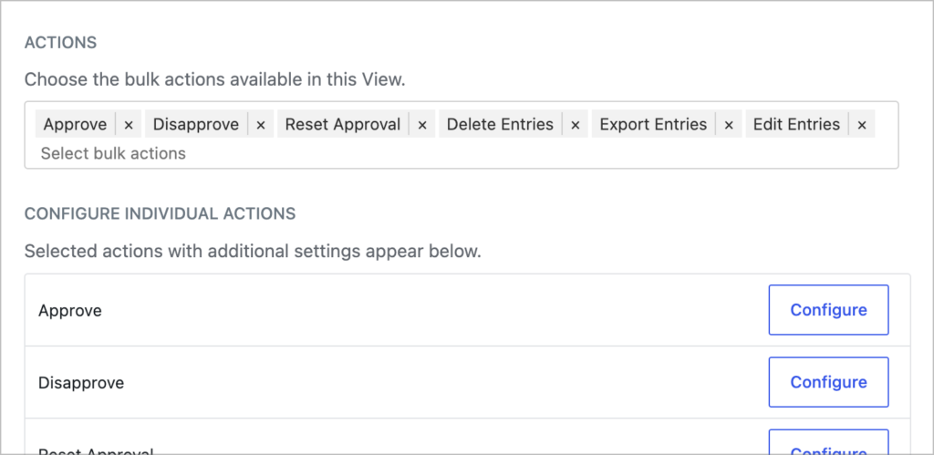 GravityView View settings showing the "Actions" field with Approve, Disapprove, Reset Approval, Delete Entries, Export Entries, and Edit Entries selected, and a "Configure individual actions" section below.