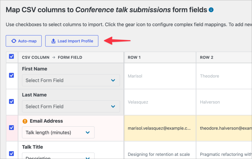 GravityImport CSV column mapping screen with a red arrow pointing to the "Load Import Profile" button above the field mapping table.