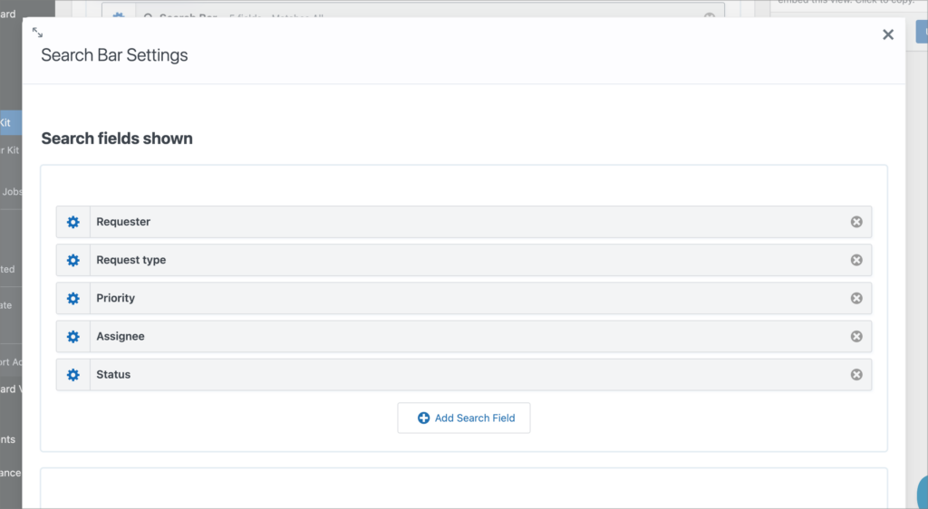 GravityView Search Bar Settings modal showing five configured search fields: Requester, Request type, Priority, Assignee, and Status, with an "Add Search Field" button below.