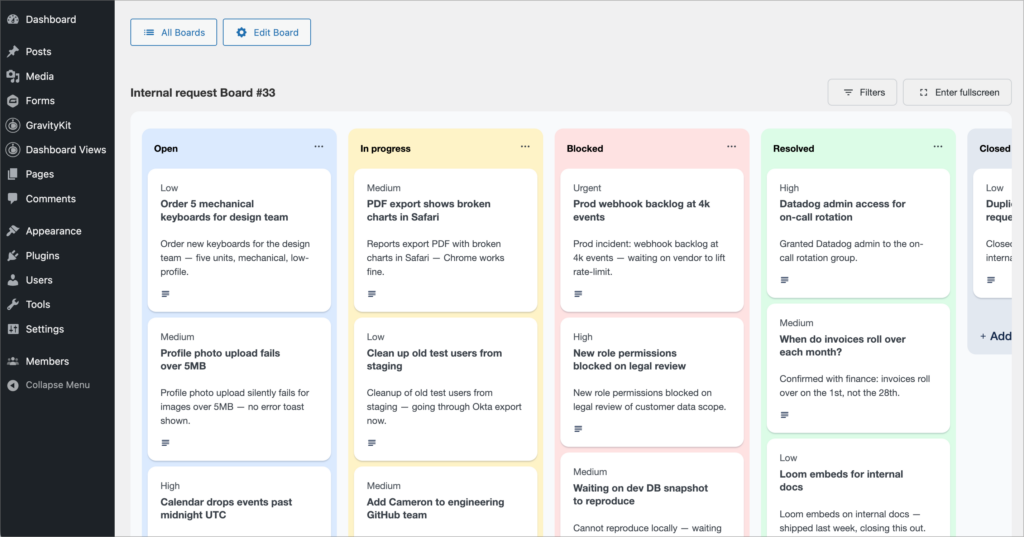 GravityBoard kanban view of the internal request data with five color-coded lanes for Open, In progress, Blocked, Resolved, and Closed statuses, each holding cards that can be dragged between lanes.