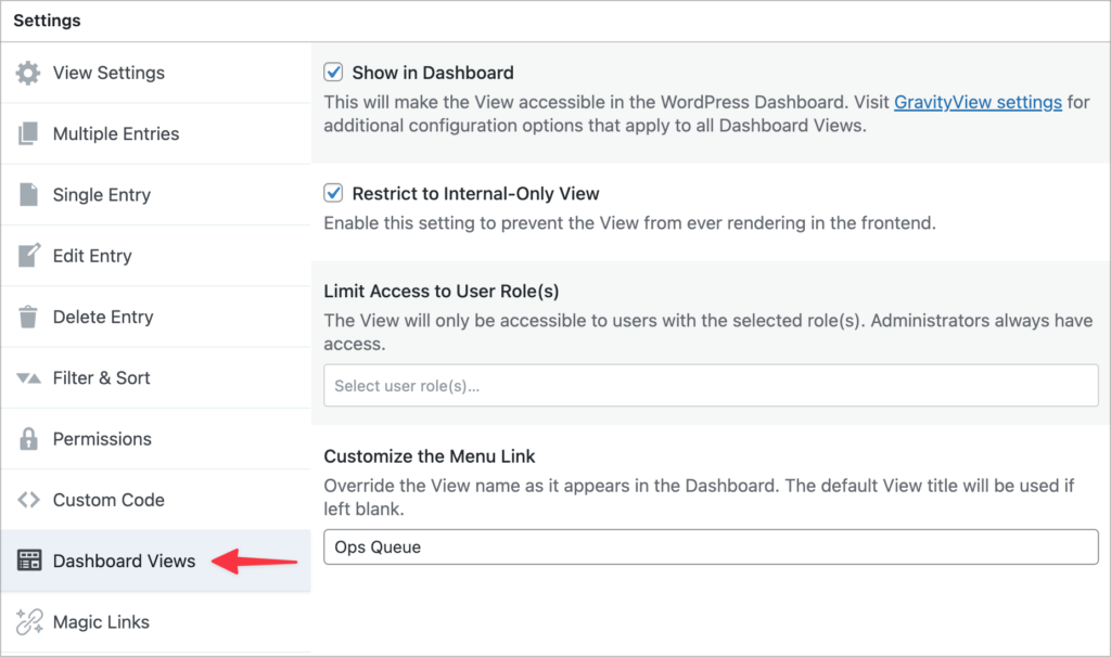 Dashboard Views settings panel showing the menu placement option set to top-level menu with the label Ops queue, the internal-only toggle enabled, and role checkboxes for Administrators and a custom Ops team role.
