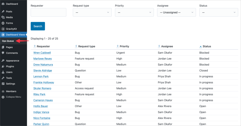 WordPress admin sidebar with the new Ops queue menu item visible alongside the standard wp-admin navigation.