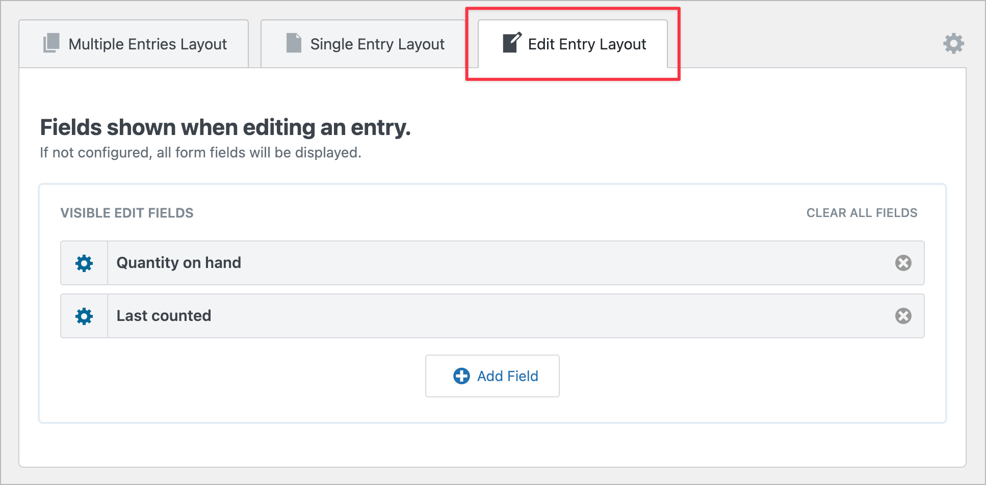GravityView Edit Entry Layout with Quantity on hand and Last counted as the only visible fields