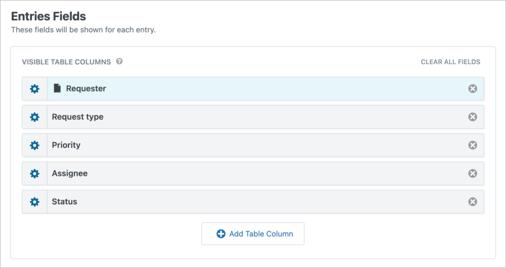 GravityView Multiple Entries Layout configuration showing Status, Requester, Request type, Priority, Assignee, and Date columns dragged into the table layout.