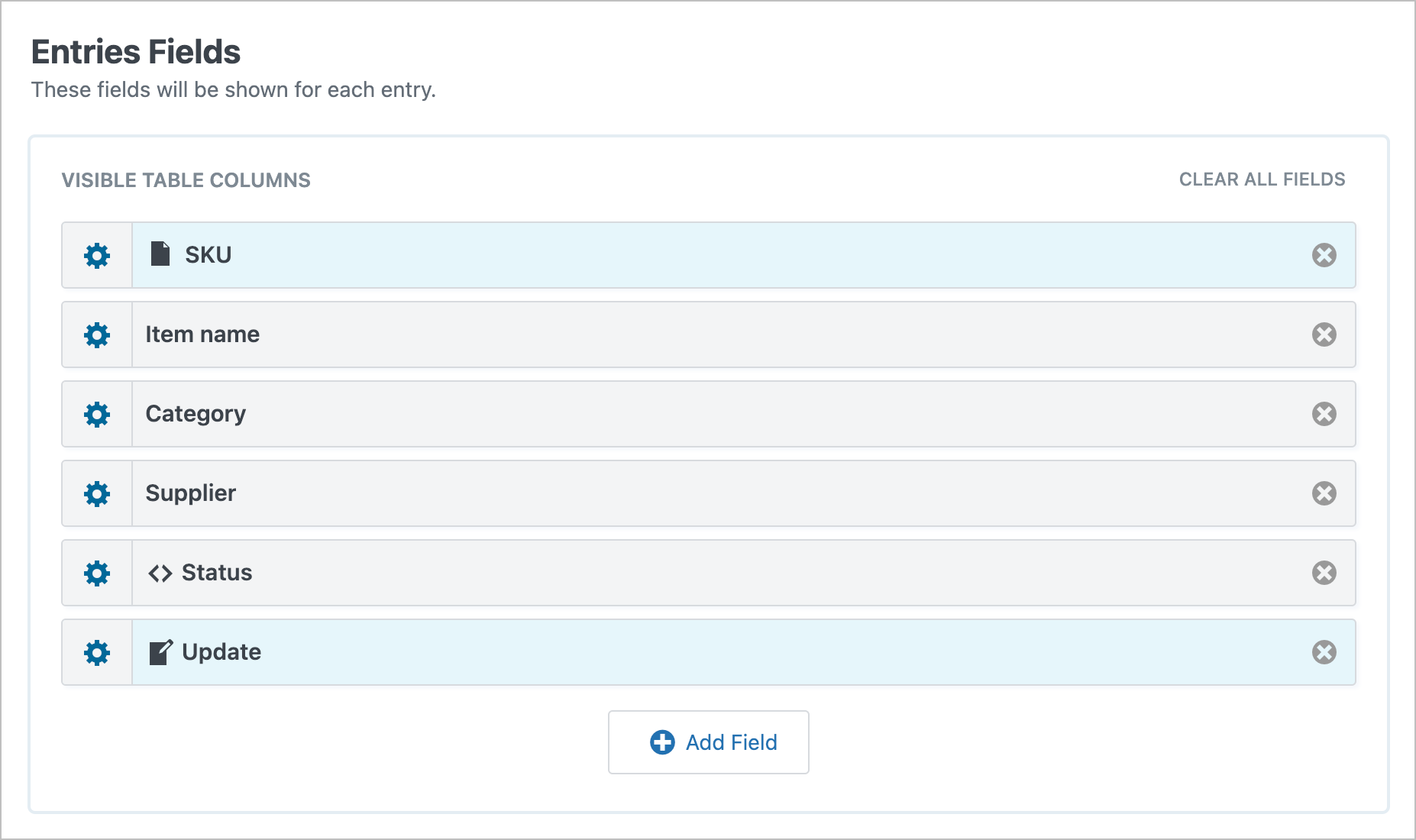 GravityView Entries Fields with SKU, Item name, Category, Supplier, Status, and Update columns