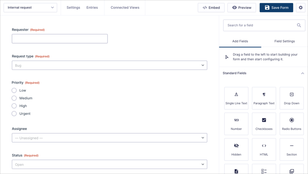 Gravity Forms editor showing the Internal request form with fields for Requester (Name), Request type (Select), Priority (Radio), Assignee, Status (Select), Notes (Paragraph), and Created date.
