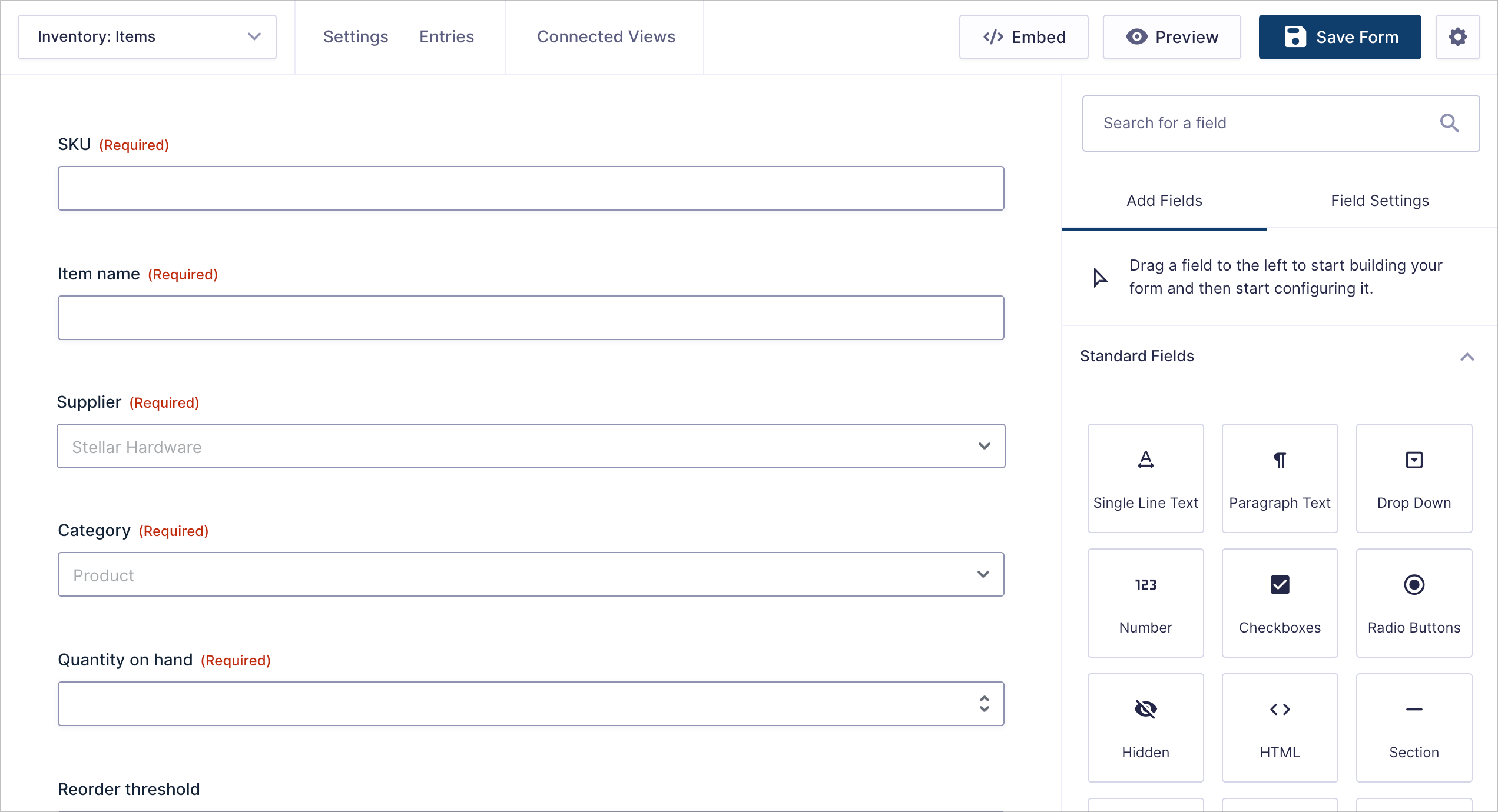 Gravity Forms editor with the Inventory Items form fields laid out