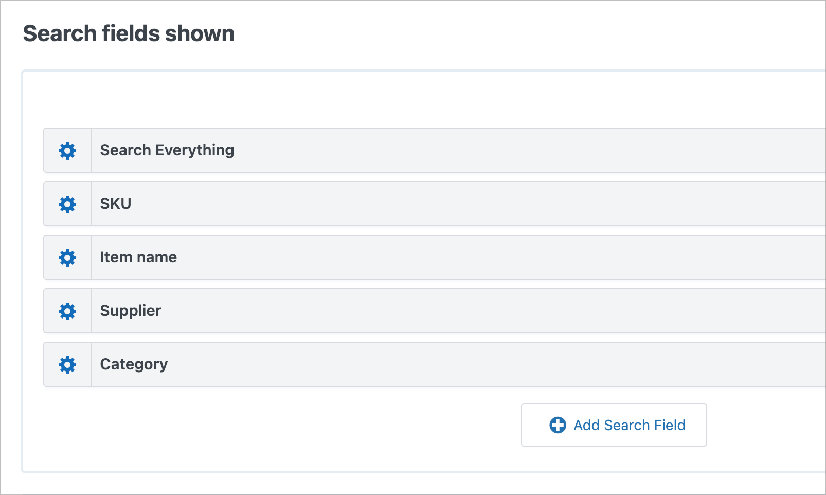 GravityView Search Bar configured with SKU, Item name, Supplier, and Category fields