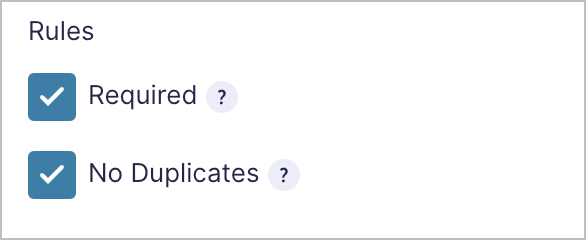 SKU field rules with Required and No Duplicates checkboxes ticked