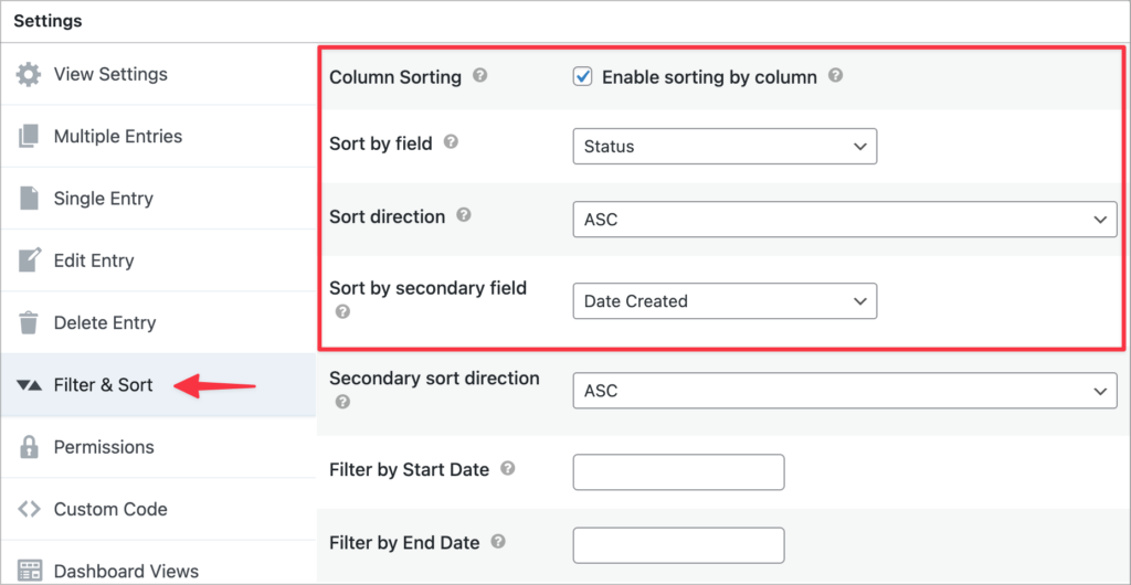 GravityView View Settings panel with default sort set to Status ascending and Date descending, plus the Search Bar widget configured for filtering entries.