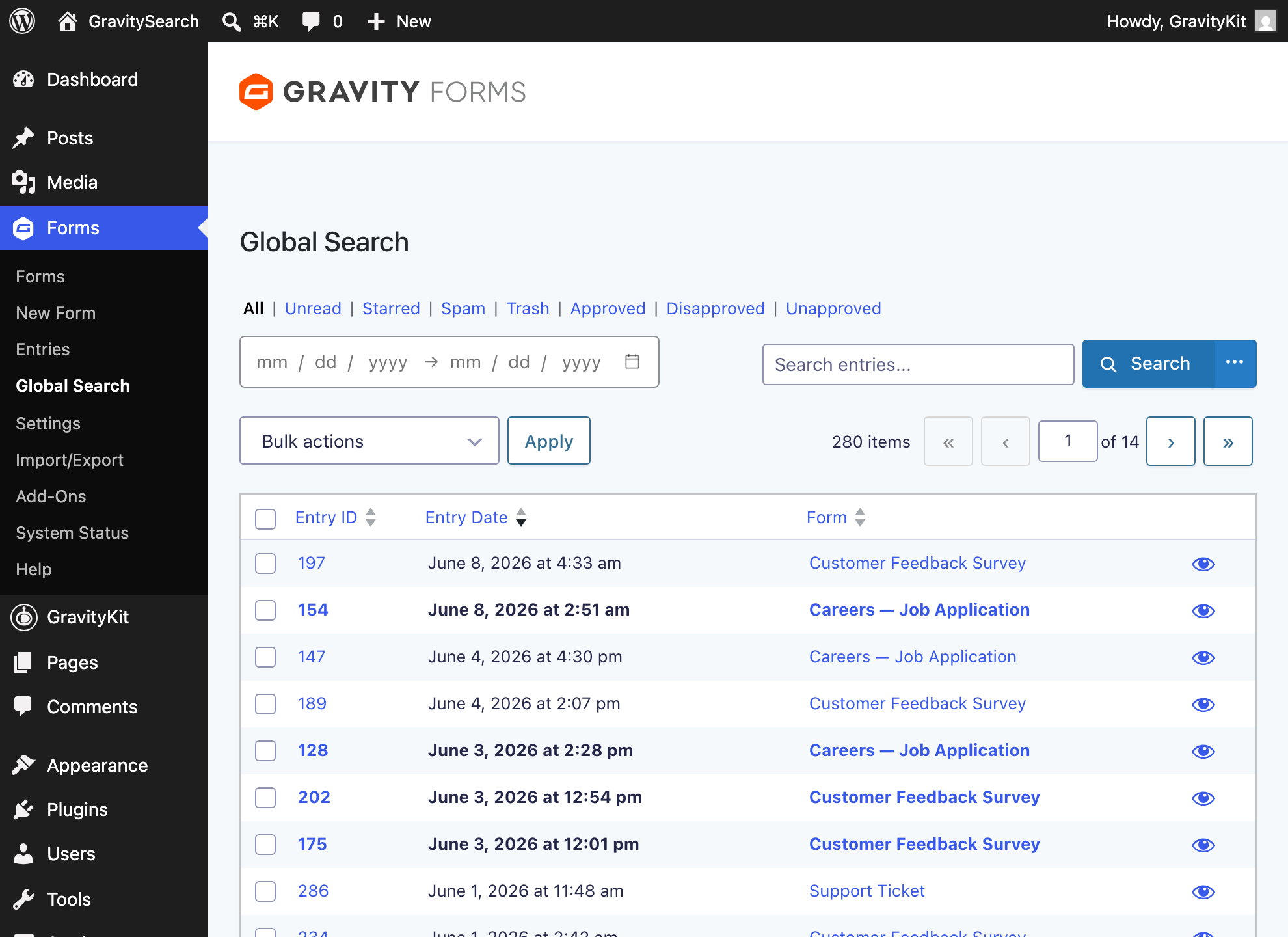 The GravitySearch Global Search page showing entries from several Gravity Forms together in one list.