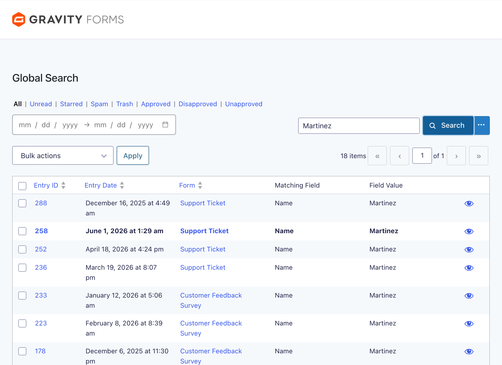 Searching "Martinez" returns matching entries from several different forms, with columns showing the matching field and value.