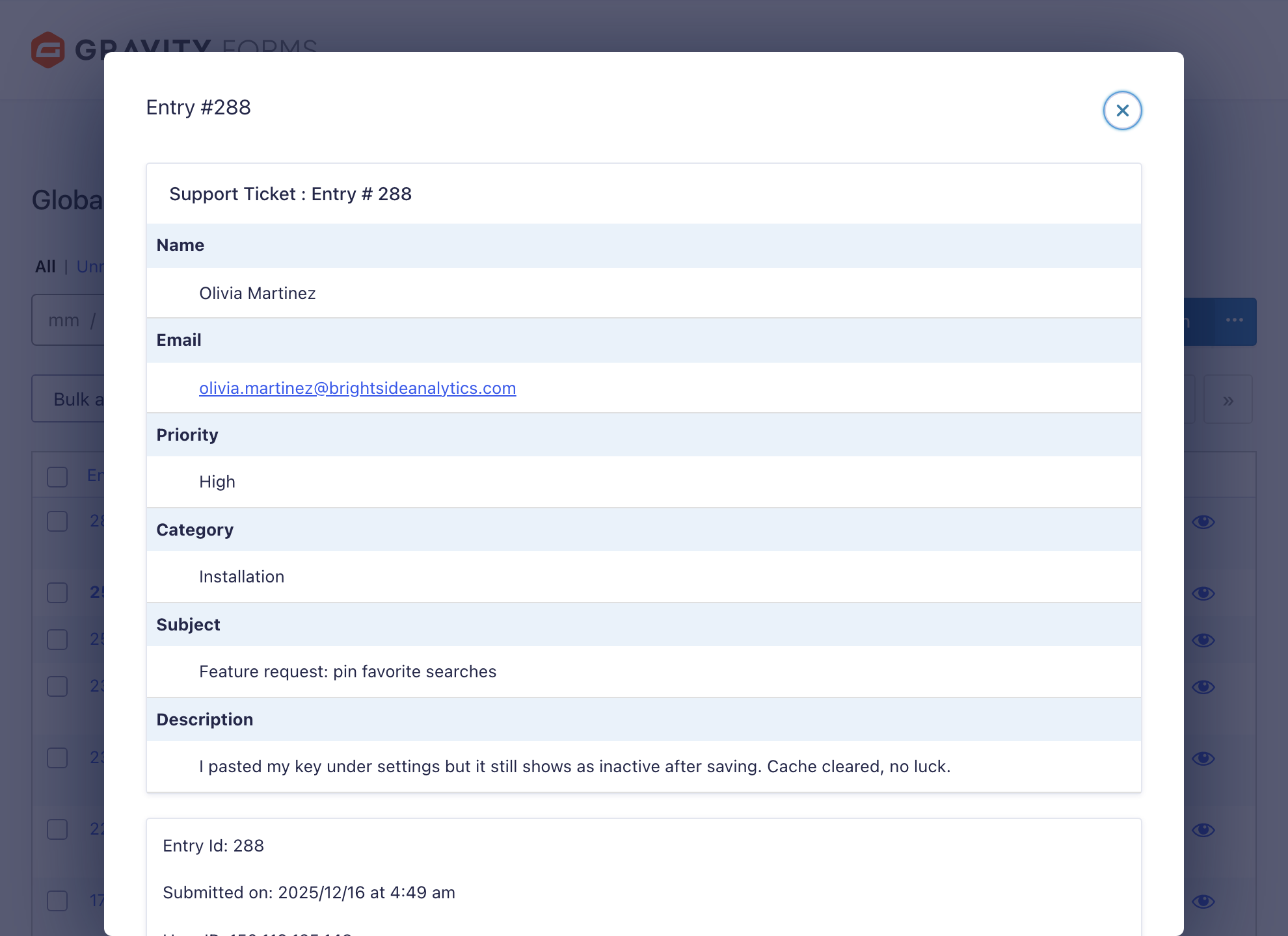 An entry preview modal opened over the search results, showing every field of a single entry.