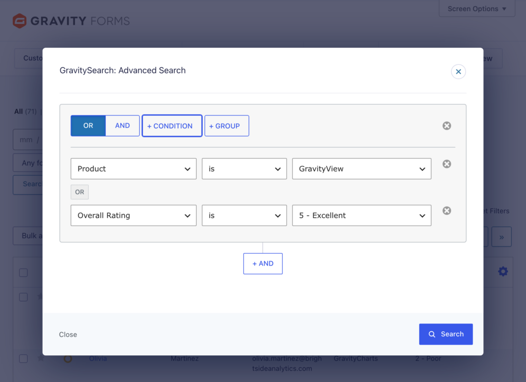 The GravitySearch advanced search builder with two conditions: Product is GravityView, and Overall Rating is 5 - Excellent.
