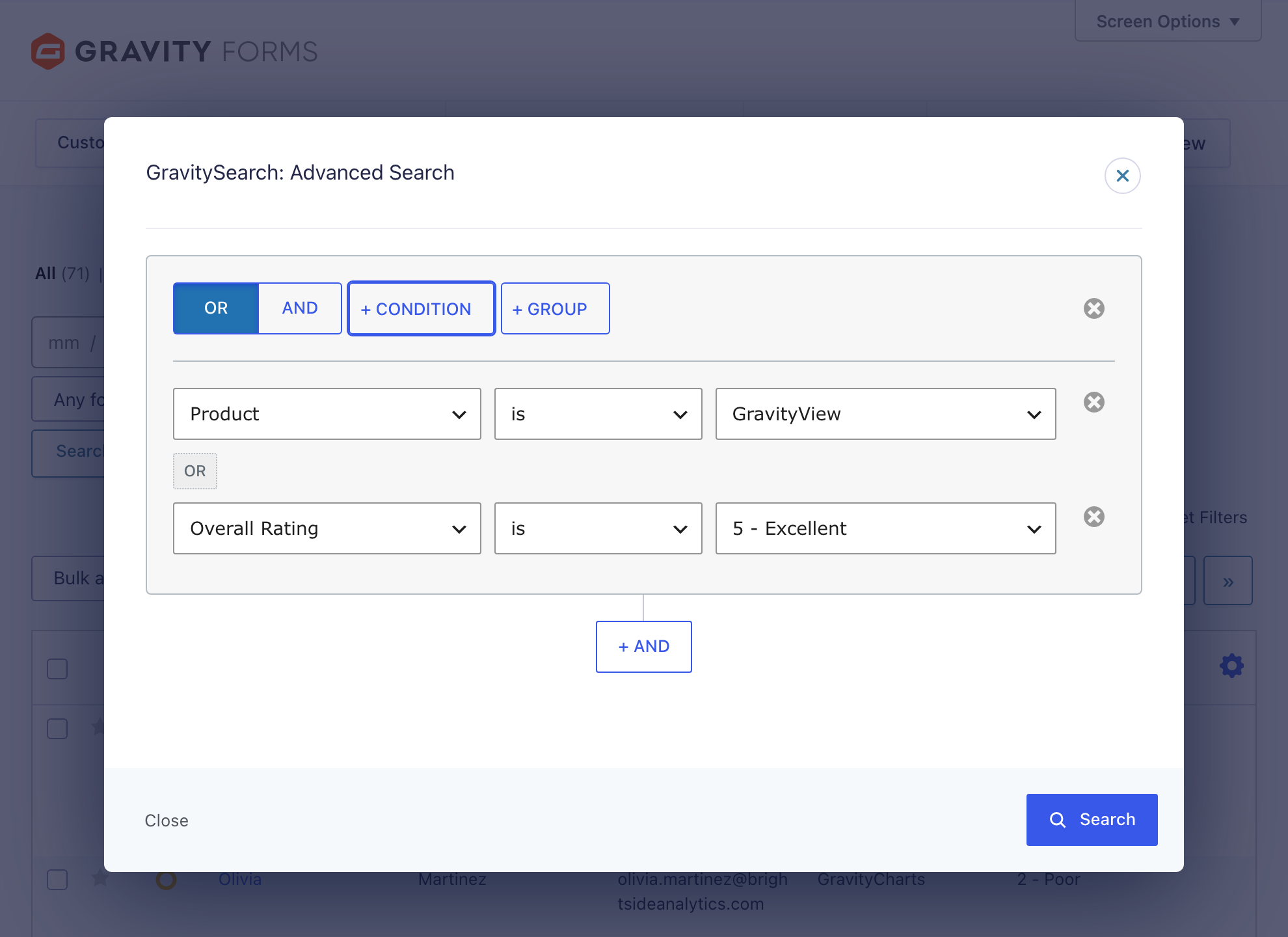 The GravitySearch advanced search builder with two conditions: Product is GravityView, and Overall Rating is 5 - Excellent.