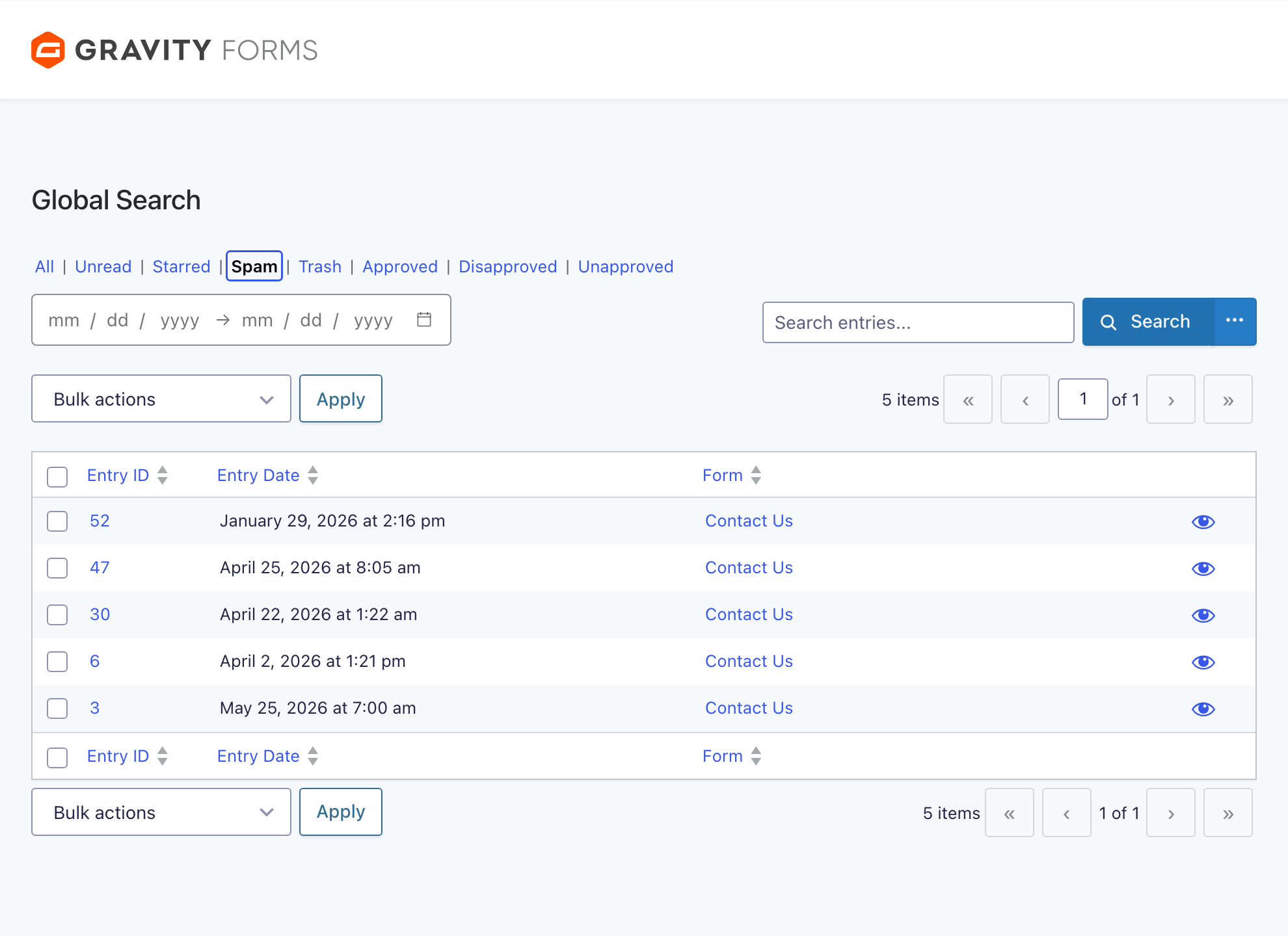 The Global Search page filtered to the Spam status, showing flagged entries.