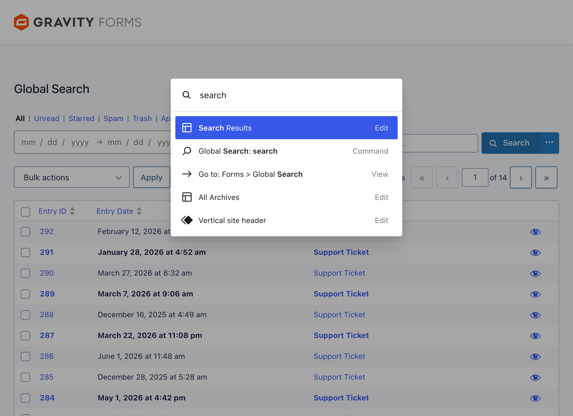 The WordPress command palette open with GravitySearch commands for running a search and opening Global Search.