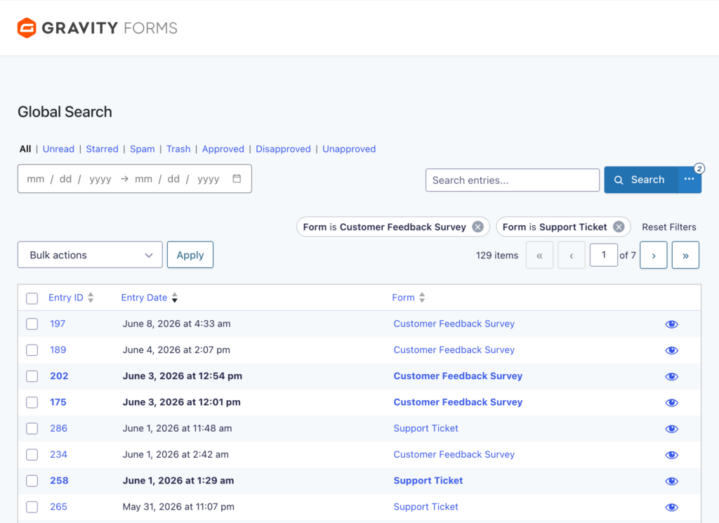 The Global Search results after applying an advanced filter, with active-filter chips for two forms and a Reset Filters link above the narrowed results.