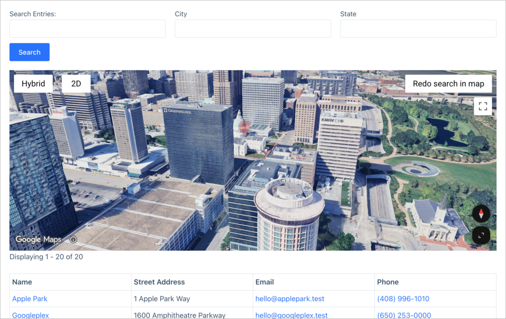 Aerial 3D Hybrid map view of downtown St. Louis rendered in a GravityView Map Layout, with photorealistic skyscrapers, streets, and a green park area visible. The View header includes Search Entries, City, and State filters, and the entries table below the map lists Apple Park and Googleplex with their addresses and contact details.