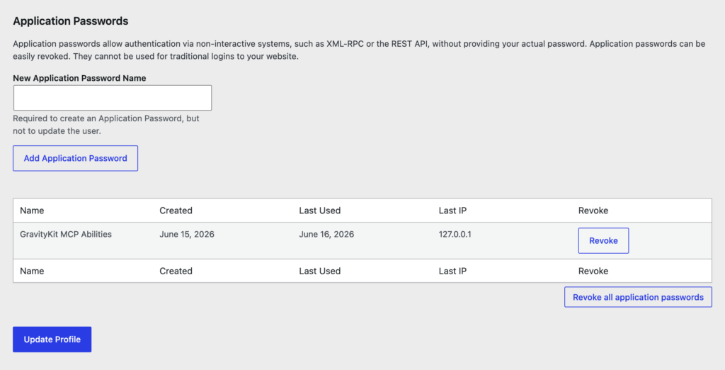 The WordPress Application Passwords screen, showing the new password name field, the Add Application Password button, and a table listing an existing application password named "GravityKit MCP Abilities".