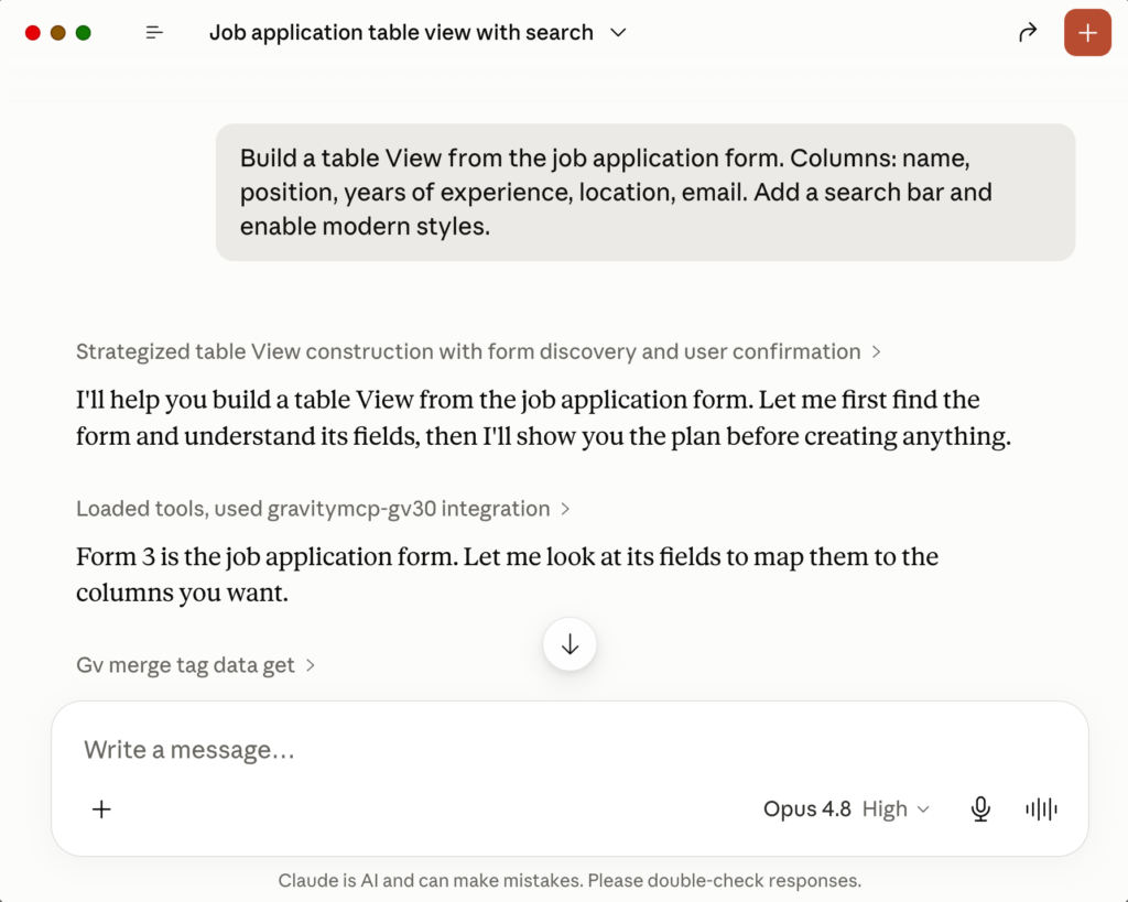 A Claude Desktop chat where the user asks to build a table View from a job application form (with name, position, experience, location, and email columns, a search bar, and Modern Styles), and Claude responds using the GravityKit MCP's GravityView tools to find the form and plan the View.