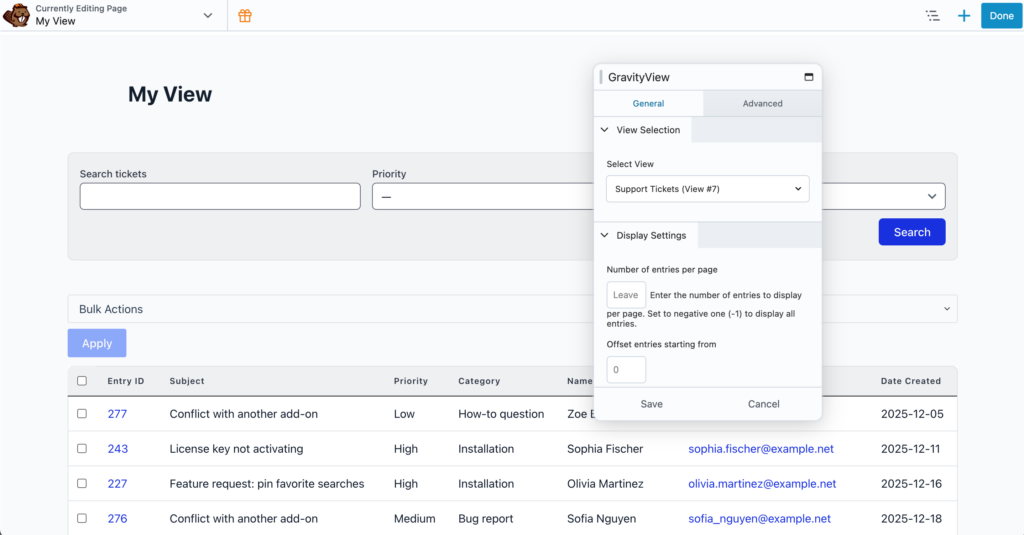 The GravityView module's settings open in the Beaver Builder editor, with the View Selection (Support Tickets) and Display Settings panels visible, while the selected View renders behind it as a searchable support-ticket table with a Bulk Actions toolbar.