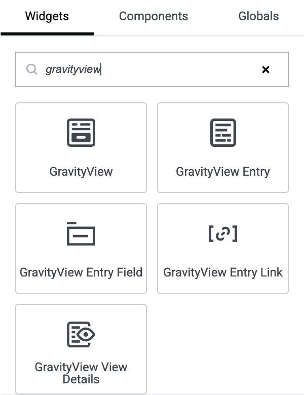 Elementor's widget panel filtered to "gravityview", showing the five GravityView widgets — GravityView, GravityView Entry, GravityView Entry Field, GravityView Entry Link, and GravityView View Details — each with its own icon.