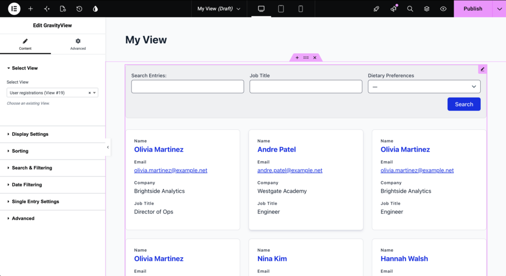 The GravityView module's settings open in the Elementor editor, with the View Selection and Display Settings panels visible, while the selected View renders behind it as a searchable grid.