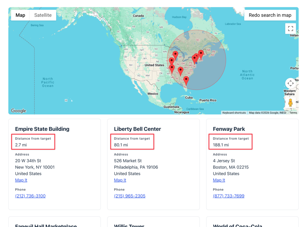 GravityView Maps radius search results listing each location's distance from the searched point, above a US map with markers and a radius circle