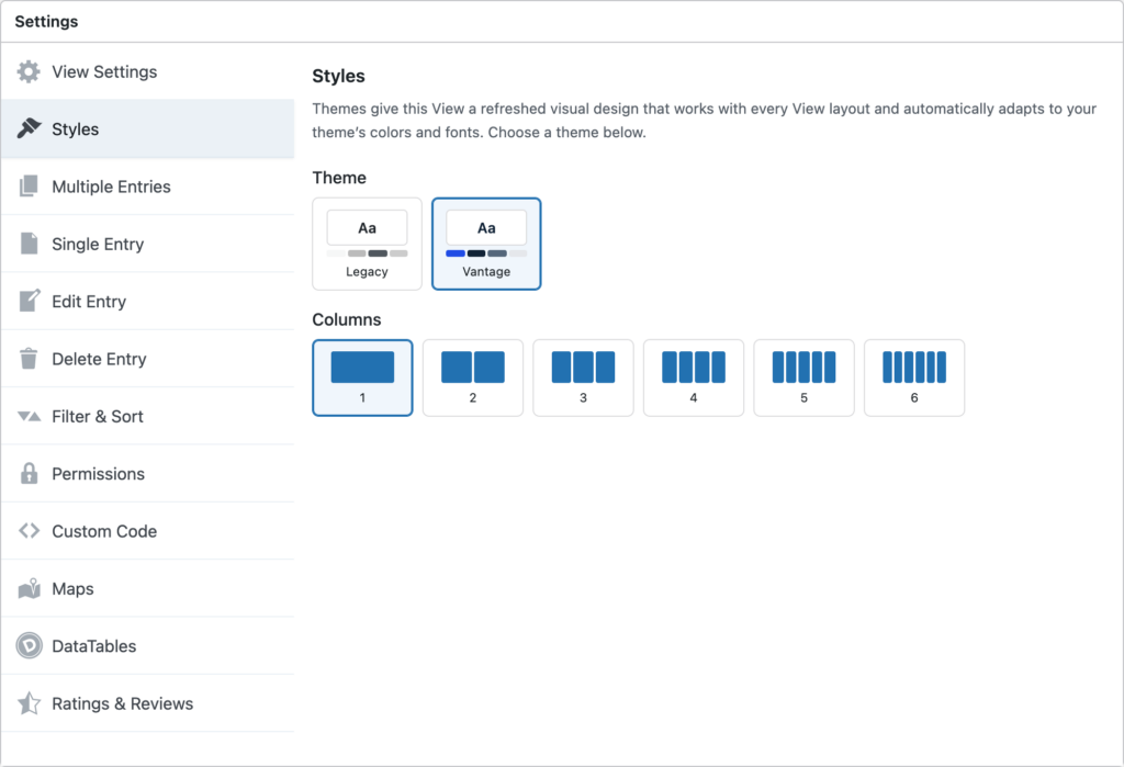 The View Settings panel with the Styles tab selected, showing the Theme set to Vantage and the Columns control