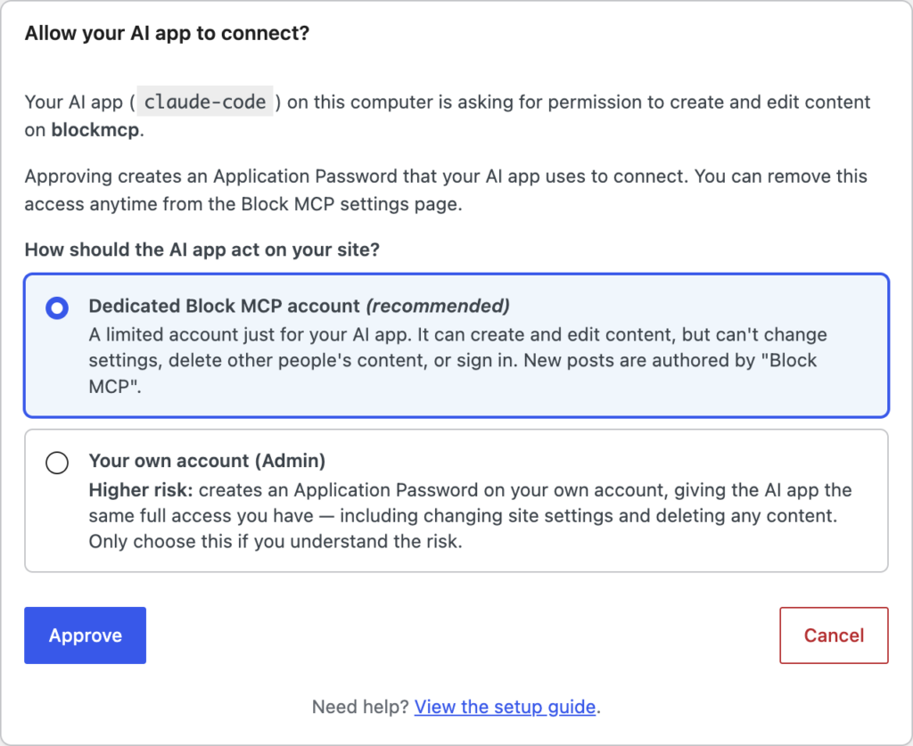 The Block MCP approval screen asking 'Allow your AI app to connect?', offering a recommended dedicated limited account or your own admin account