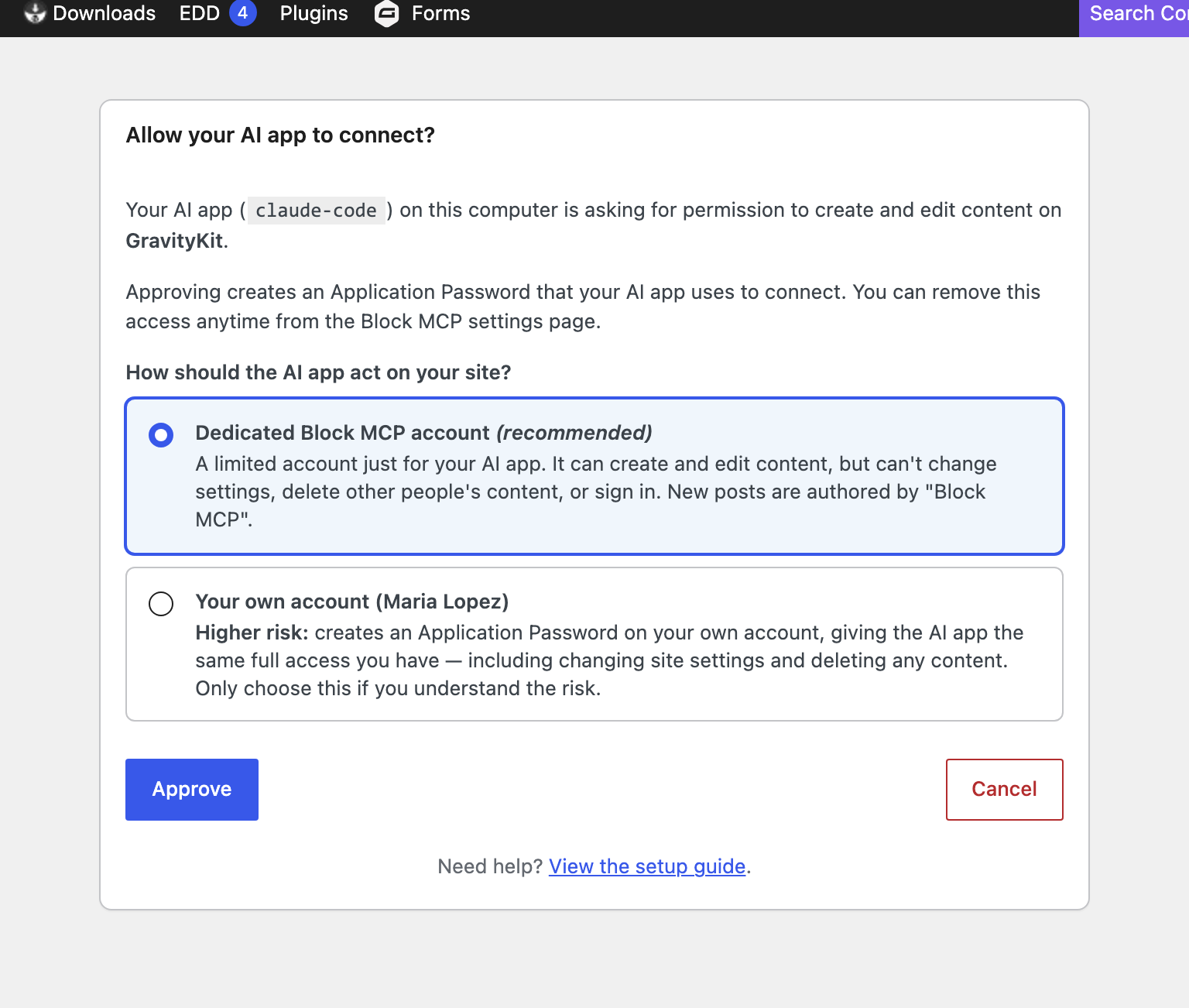 The Approve screen with the dedicated-account and own-account choices
