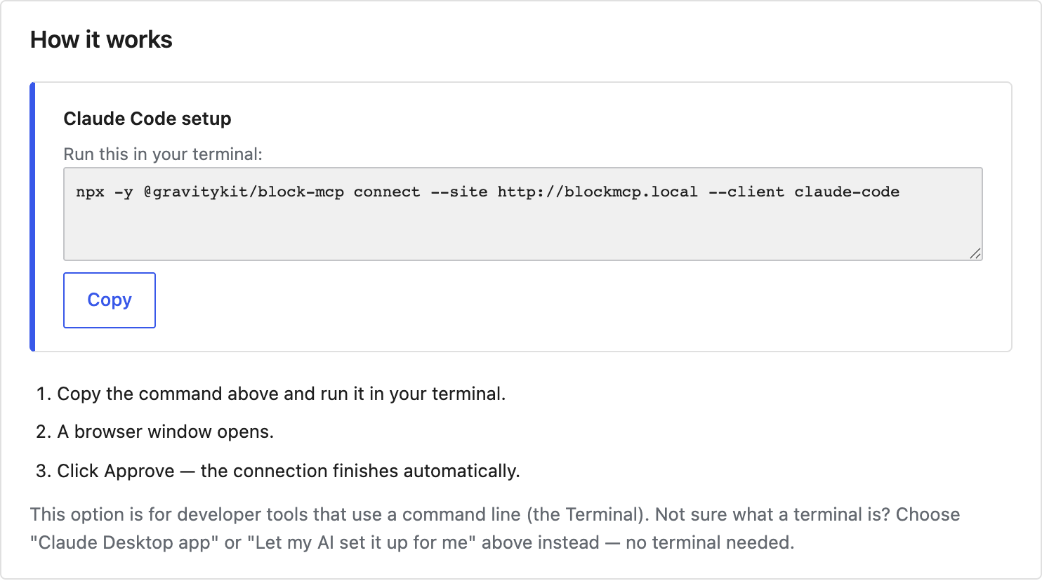 The Claude Code setup panel showing the single connect command to copy, with three steps: run the command, a browser window opens, click Approve
