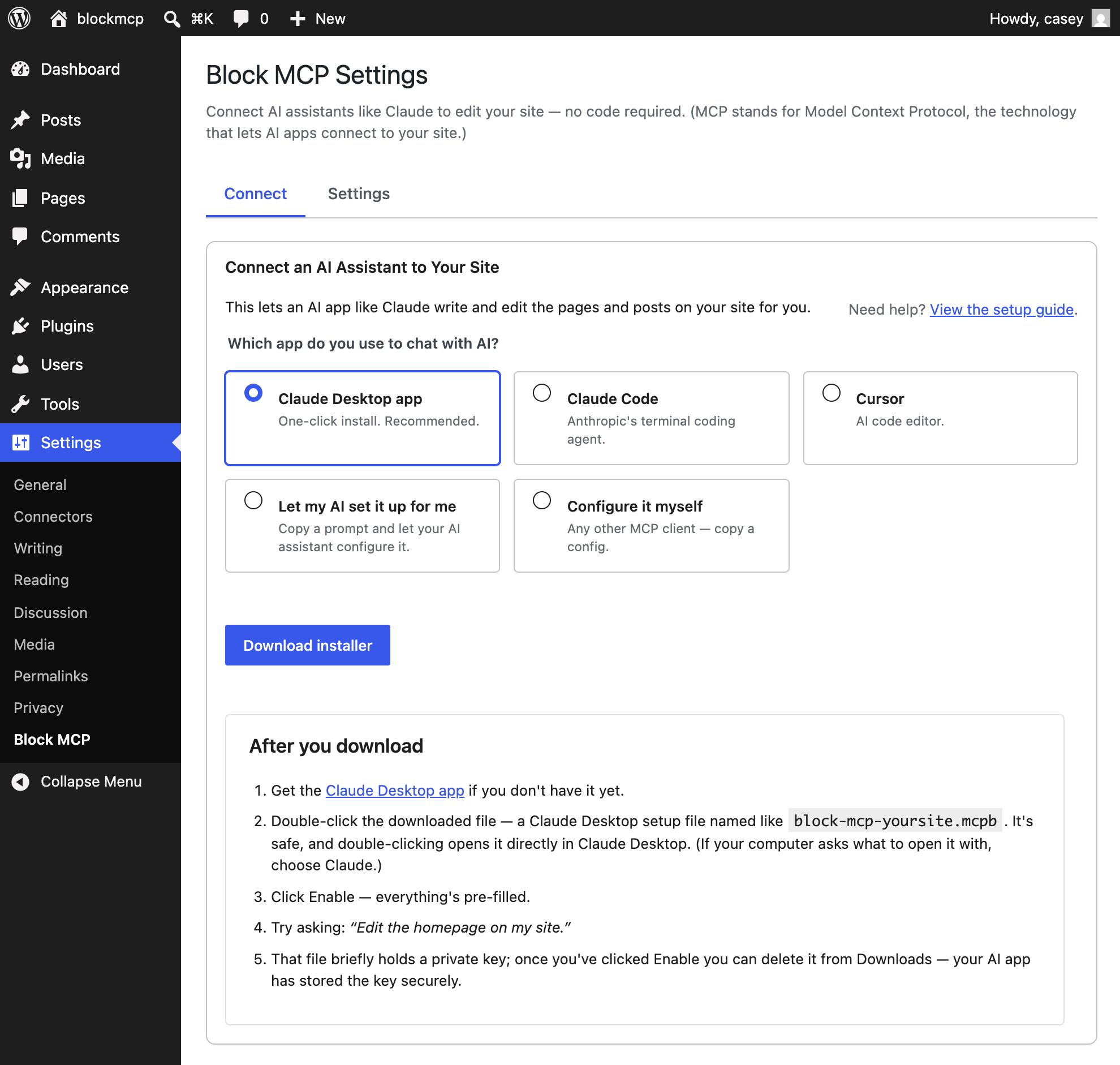 The Block MCP connect screen in WordPress, showing a picker with options for Claude Desktop app, Claude Code, Cursor, and other MCP clients