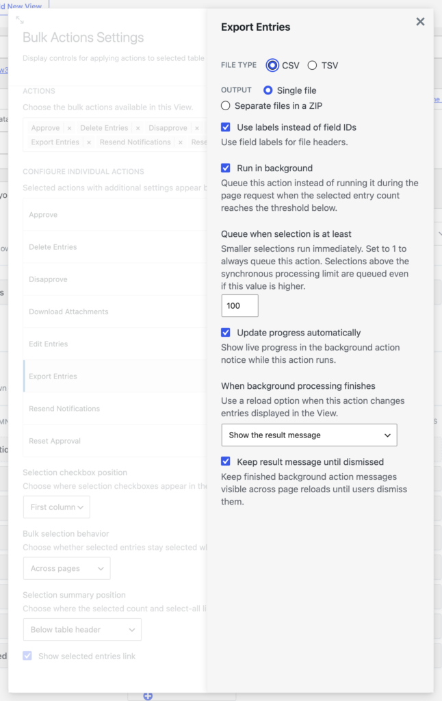 The Bulk Actions widget settings dialog in the GravityView View editor with the Export Entries fly-out open, showing file type, output, label, and background-processing options