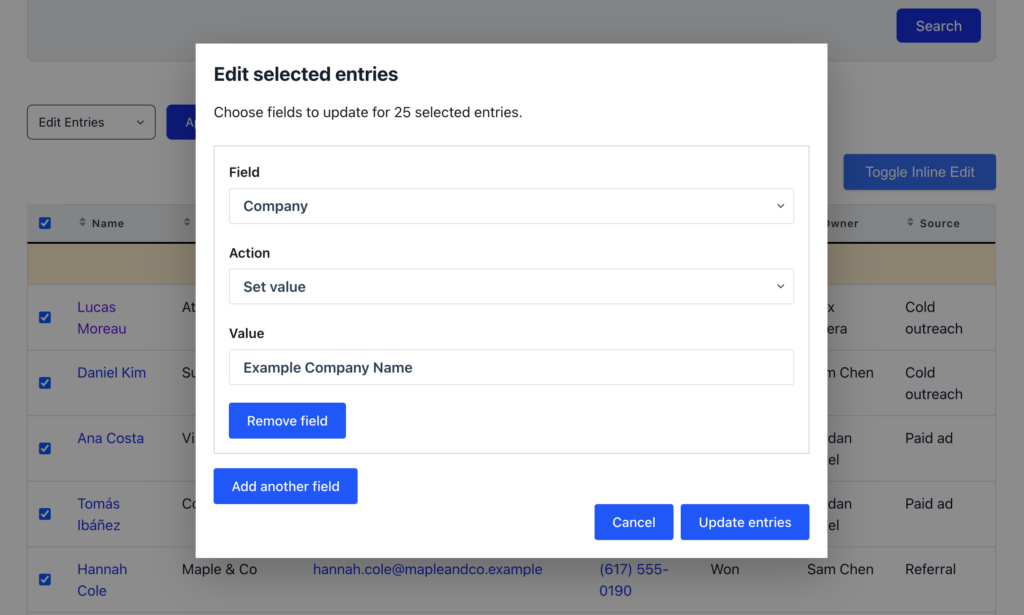 The Edit selected entries dialog choosing a field, action, and value for 25 selected contacts