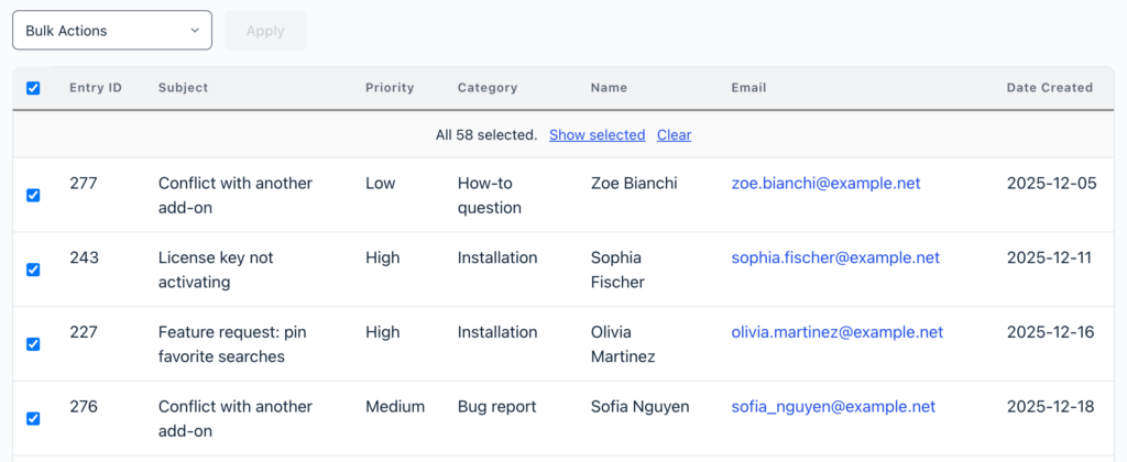 A GravityView front-end Table View with the Bulk Actions dropdown and Apply button, a selection checkbox column, and the All 58 selected summary with Show selected and Clear links above checked entry rows