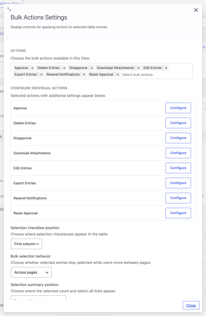 The Bulk Actions widget settings in the GravityView View editor, showing the Actions field with all bulk actions selected and a Configure button beside each action
